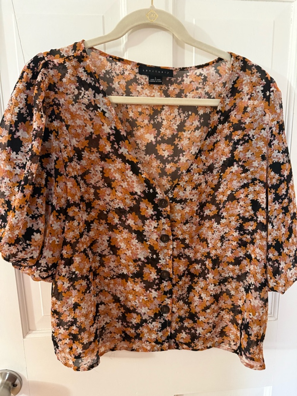 Sanctuary Black Floral Button with Orange & Cream Accents- measures 22 x 22”